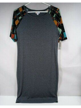 NWT LuLaRoe Julia Pencil Dress Gray With Colorful Squares On Sleeves Size Medium